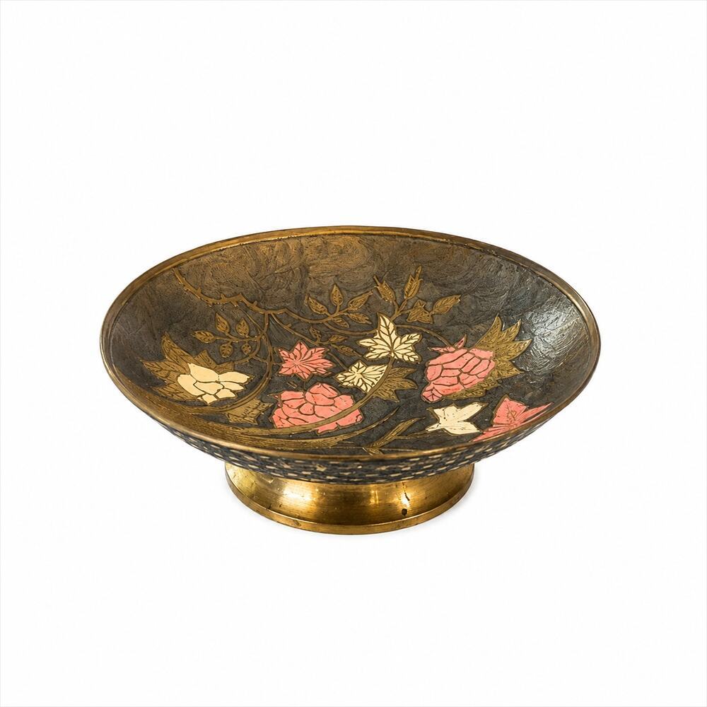 Vtg WM Rogers & Son Solid Brass Enameled Trinket Dish Butterfly Floral India
